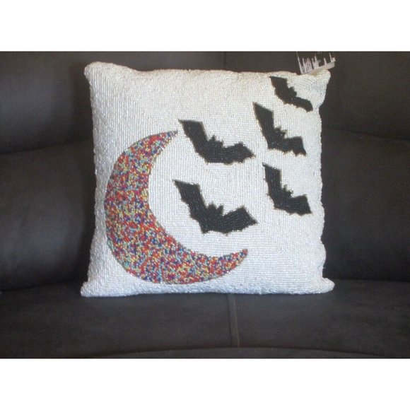 Noir Night Halloween Beaded Pillow Black Bats Colorful Crescent Moon 14 X 14 NWT - Picture 1 of 10